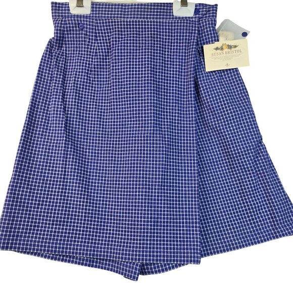 Susan Bristol 1980s Size 8 Pleated Wrap Skort Blue White Plaid Deadstock - Picture 1 of 11